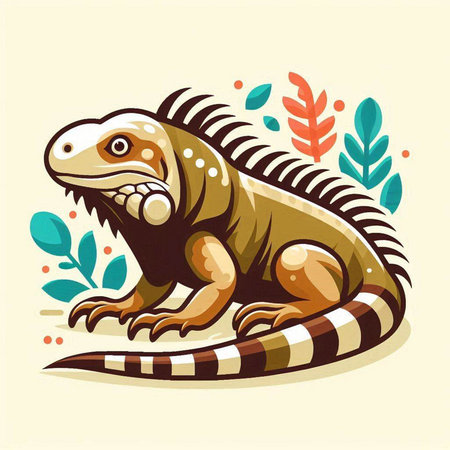 Iguana on a background of leaves. Vector illustration in cartoon style.のイラスト素材