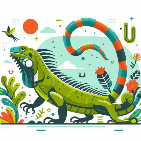 Green iguana on the background of nature. Vector illustration in flat style.のイラスト素材