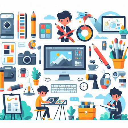 Vector illustration of a graphic designer working in the office. Flat style design.のイラスト素材