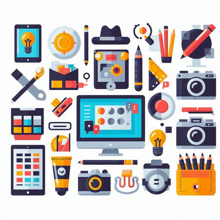 Flat design modern vector illustration icons set of computer, camera, stationery and other tools.のイラスト素材