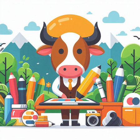 Cow with color pencils and camera. Vector illustration in flat styleのイラスト素材