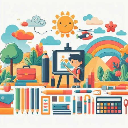 Back to school concept. Vector illustration in flat cartoon style with education items.のイラスト素材