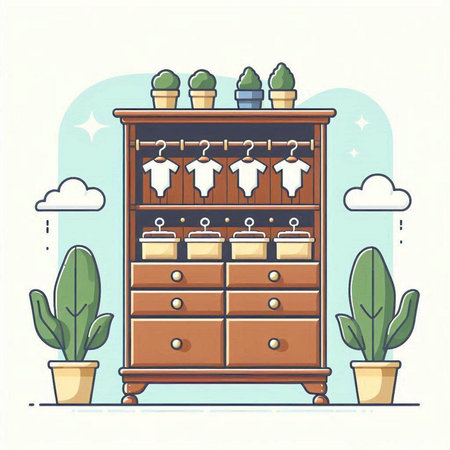 Wooden chest of drawers with different potted plants. Vector illustration.のイラスト素材