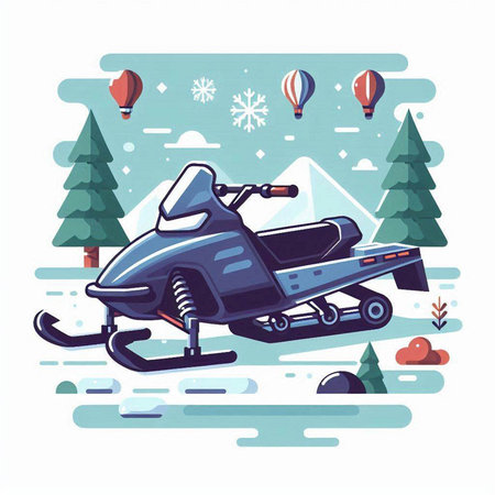 Snowmobile in winter forest. Vector illustration in flat cartoon style.のイラスト素材