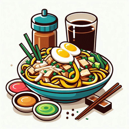 Illustration of japanese noodle with egg and soy sauceのイラスト素材