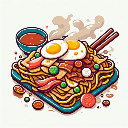 Noodles with fried eggs and vegetables. Hand drawn vector illustration.のイラスト素材