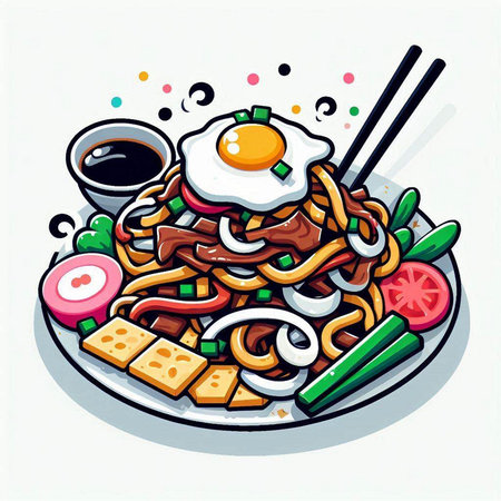 Illustration of noodle with fried egg and vegetables on white backgroundのイラスト素材