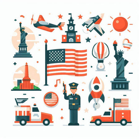USA travel and tourism icons set. Vector illustration in flat style.のイラスト素材