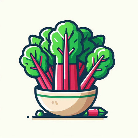 Bunch of fresh rhubarb in bowl. Vector illustration.のイラスト素材