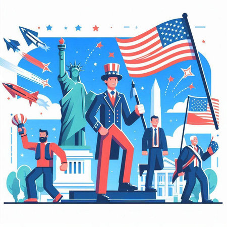 Statue of Liberty, American Flag and Businessman. Vector illustrationのイラスト素材