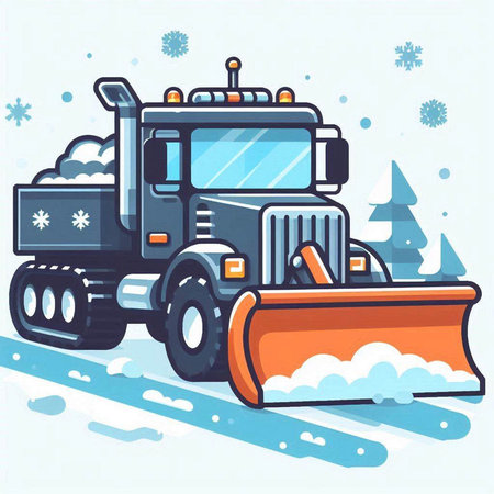 Snowplow and snowflakes. Vector illustration in cartoon style.のイラスト素材