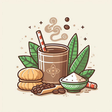 Coffee cup with coffee beans, cinnamon and cookies. Vector illustration.のイラスト素材