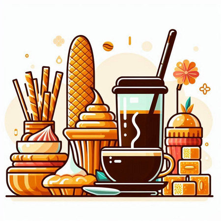 Cup of coffee with ice cream, waffle cone, bagels, wafer rolls and croissants. Vector illustration.のイラスト素材