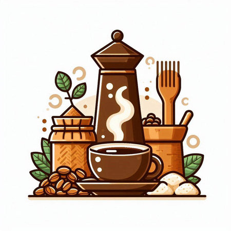 Coffee set. Vector illustration of a cup of coffee and a spoon.のイラスト素材