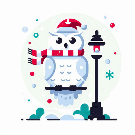 Snowy owl in a Santa Claus hat with a lantern. Vector illustration.のイラスト素材