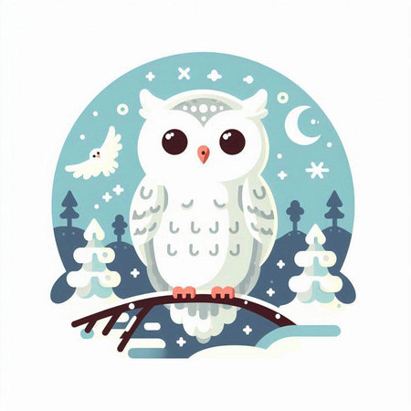 Owl in the winter forest. Cute cartoon vector illustration.のイラスト素材