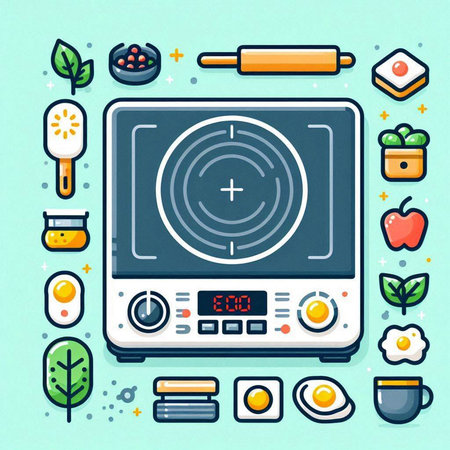 Kitchen and cooking tools. Electronic scales, cooking utensils, frying pan, rolling pin, eggs and fruits. Vector illustrationのイラスト素材