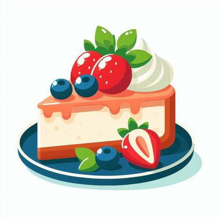 Cake with cream and berries on a plate. Vector illustration.のイラスト素材