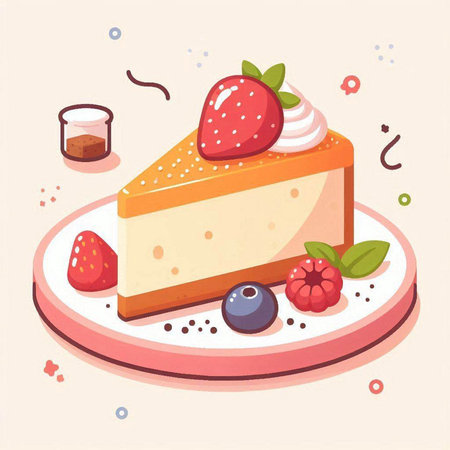 Cheesecake with fresh berries and mint leaves. Vector illustration.のイラスト素材