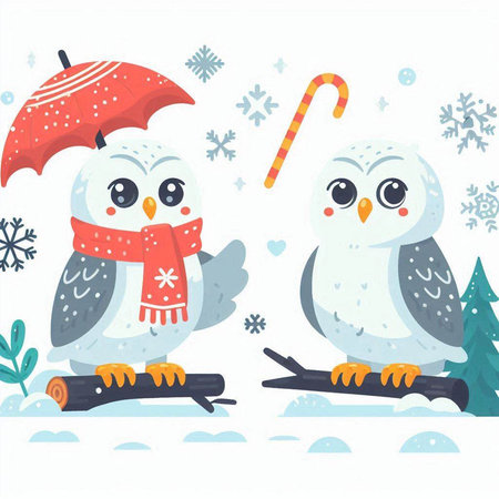 Vector illustration of two cute owls in winter clothes with umbrella and snowflakesのイラスト素材