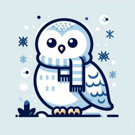 Snowy owl in scarf and mittens. Vector illustration in flat style.のイラスト素材