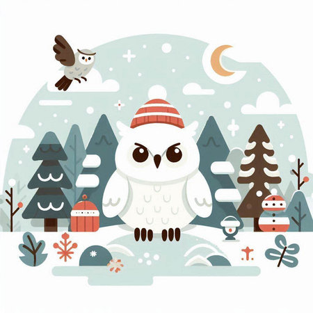 Winter landscape with cute owl. Vector illustration in a flat style.のイラスト素材
