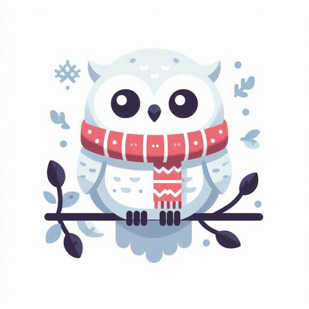 Cute owl in a scarf and hat on a white background. Vector illustration.のイラスト素材
