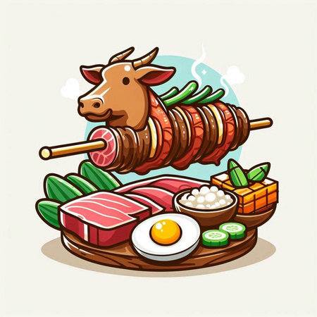 Illustration of a beef skewer with chopsticks and vegetables.のイラスト素材