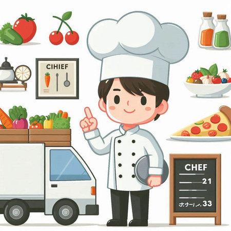 Chef and food truck. Vector illustration of a cartoon character.のイラスト素材