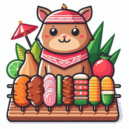Cute cartoon hamster with kebab and vegetables. Vector illustration.のイラスト素材