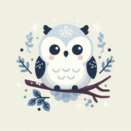 Cute owl with snowflakes on a branch. Vector illustration.のイラスト素材