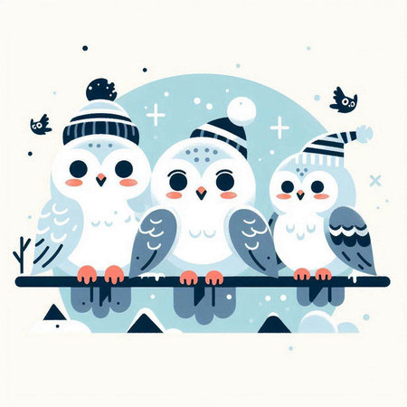 Cute owls in winter hats and scarves. Vector illustration.のイラスト素材