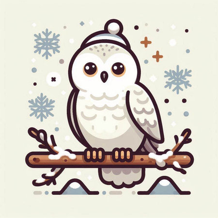 Cute cartoon owl sitting on a branch with snowflakes. Vector illustration.のイラスト素材