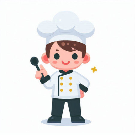Chef boy cartoon character vector illustration. Cheerful cute little chef boy holding spoon and ladle.のイラスト素材