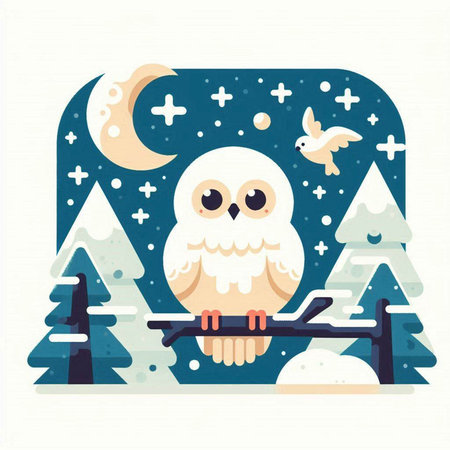 Vector illustration of a cute cartoon owl on the background of winter landscape.のイラスト素材