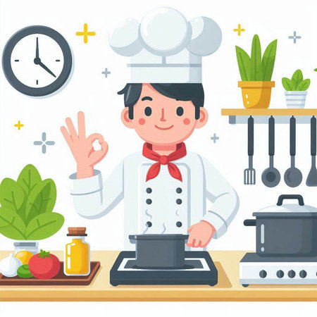 Chef man cooking in the kitchen. Flat style vector illustration.のイラスト素材
