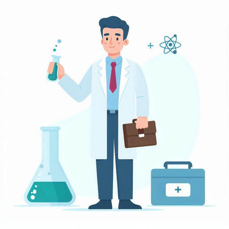 Scientist in lab coat holding flask with chemical liquid. Vector illustrationのイラスト素材