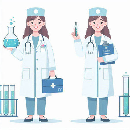 Female doctor holding a test tube and a medical kit. vector illustrationのイラスト素材