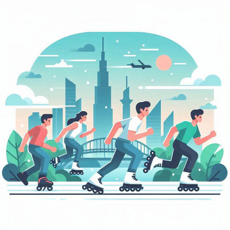 People on roller skates in the city. Flat vector illustration.のイラスト素材