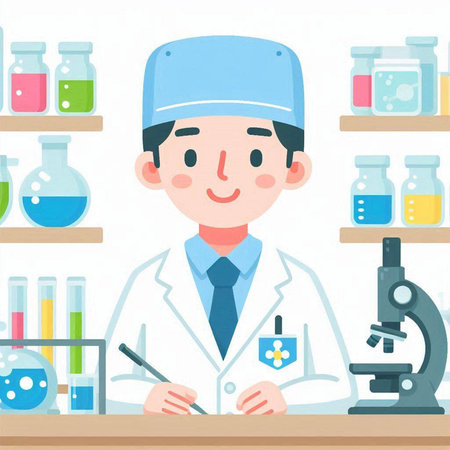 Illustration of a male scientist working in a laboratory with a microscopeのイラスト素材