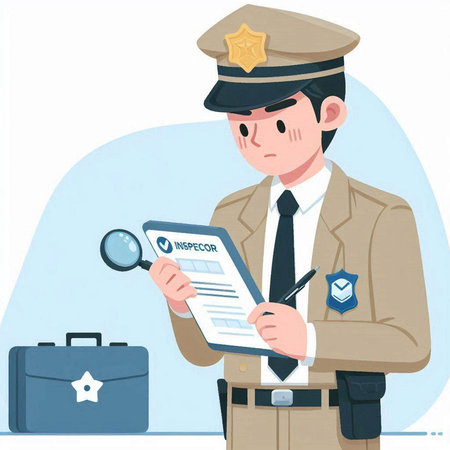 Illustration of a male police officer looking at a clipboard with documentsのイラスト素材