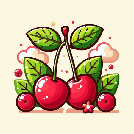 Cherry vector illustration. Cute cartoon cherry with leaves and flowers.のイラスト素材