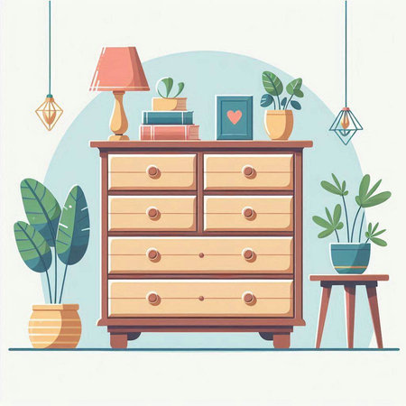 Vector illustration of living room interior with wooden chest of drawers and plants.のイラスト素材