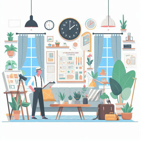 Businessman working in the office. Vector illustration in flat style.のイラスト素材