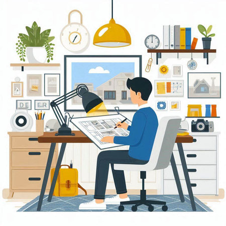 Vector illustration of young man sitting at the desk and working on blueprint.のイラスト素材