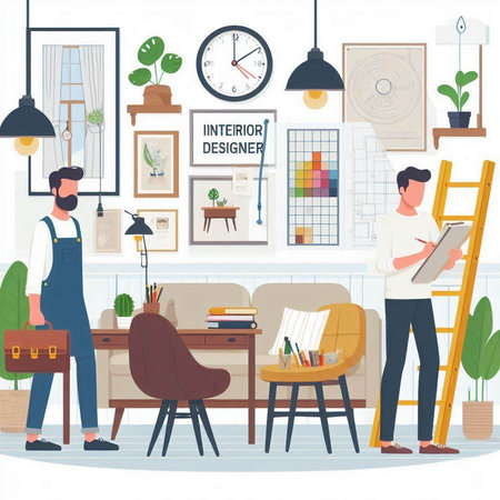 Interior of living room flat vector illustration. Cartoon man in apron standing near the table and making notes in clipboard.のイラスト素材