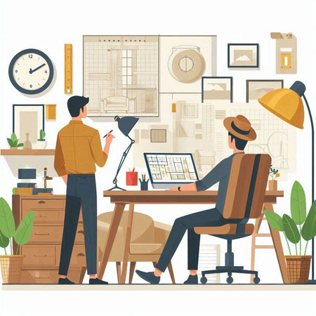 Vector illustration of a man and a woman in the office. A man in a hat sits at a table and works on a laptop.のイラスト素材