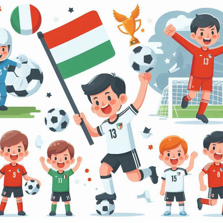 Cartoon soccer player characters with national flag and ball vector illustration.のイラスト素材