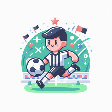 Cartoon soccer player with ball on the field. Vector illustration.のイラスト素材