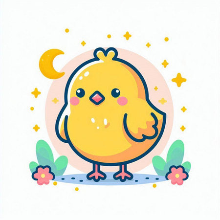 Cute little chicken on the background of the moon. Vector illustration.のイラスト素材